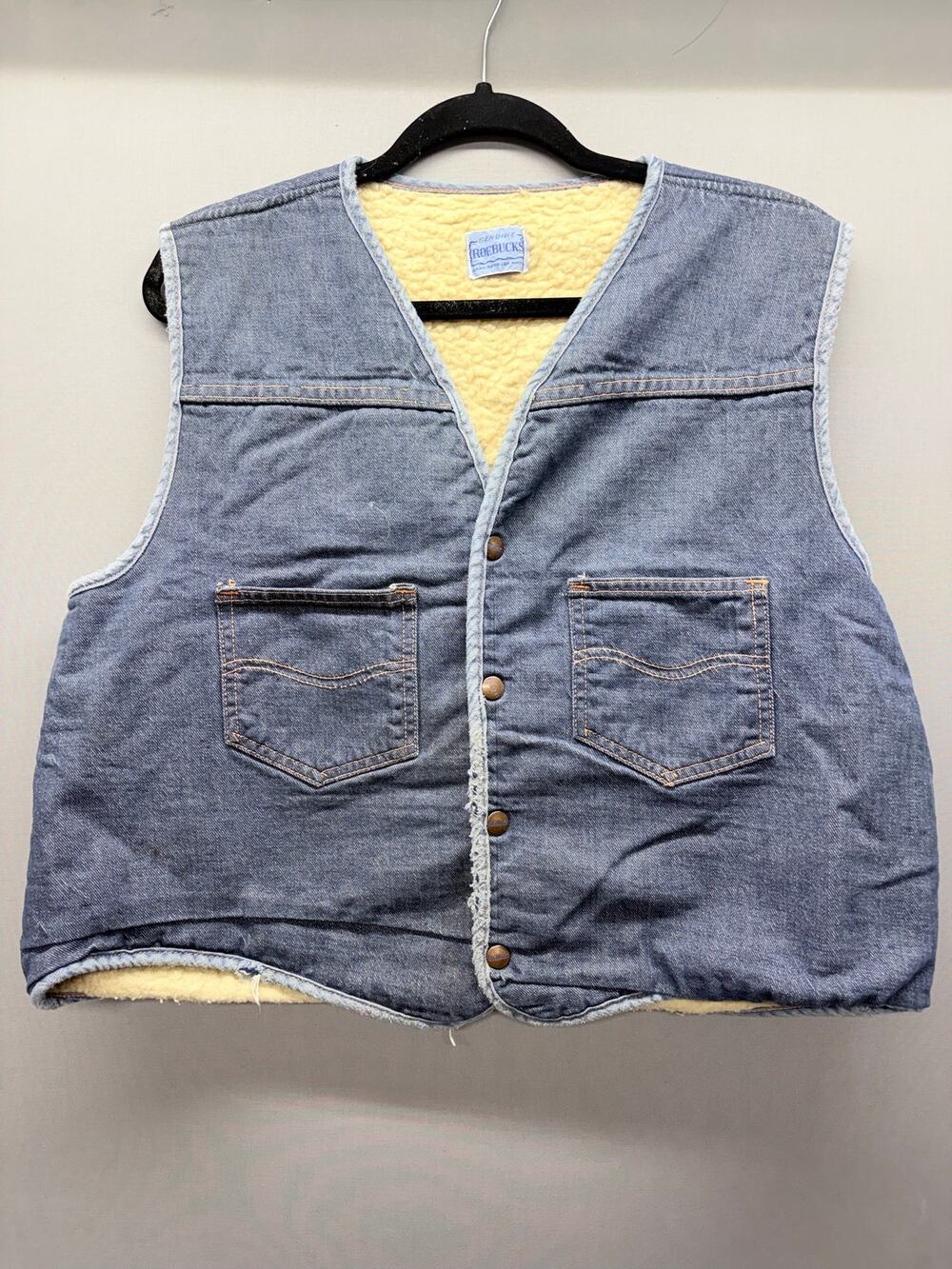 Vtg 70s Sears Roebucks Denim Sherpa Lined Vest Mens L Blue Western Workwear USA